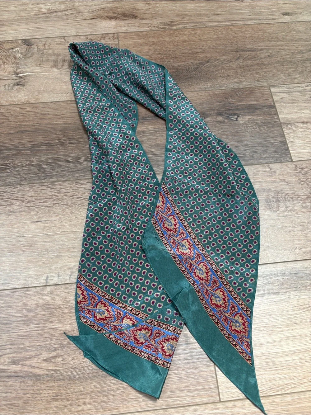 Echo Green Blue Patterned Silk Scarf with Pink Accents Paisley Floral